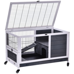 PawHut Rabbits Indoor Fir Wood Lift-Top Hutch Grey - thumbnail 9