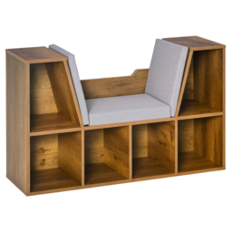 HOMCOM Bookcase Shelf Storage Seat with Cushion Sideboard Kids Children Reading Bedroom Living Room Organizer Rustic Brown - Aosom UK - thumbnail 1