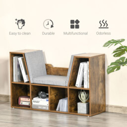 HOMCOM Bookcase Shelf Storage Seat with Cushion Sideboard Kids Children Reading Bedroom Living Room Organizer Rustic Brown - Aosom UK - thumbnail 7