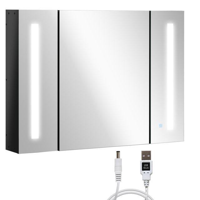 kleankin LED Bathroom Cabinet with Mirror, Wall Mounted Dimmable Storage Organiser with 3 Mirrored Doors and Adjustable Shelves - Aosom UK - image 1