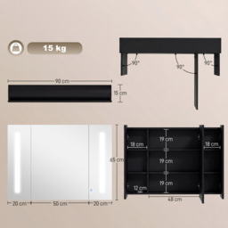 kleankin LED Bathroom Cabinet with Mirror, Wall Mounted Dimmable Storage Organiser with 3 Mirrored Doors and Adjustable Shelves - Aosom UK - thumbnail 3