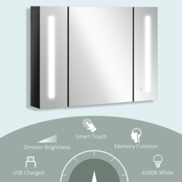 kleankin LED Bathroom Cabinet with Mirror, Wall Mounted Dimmable Storage Organiser with 3 Mirrored Doors and Adjustable Shelves - Aosom UK - thumbnail 5