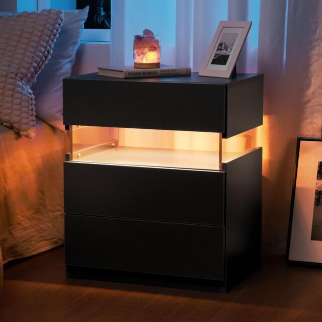 LED Bedside Table with Multi-Colour RGB Light, 3 Storage Drawers, Stylish Nightstand with Acrylic Board, 50L x 37.5W x 60H cm, Black - Aosom.UK - image 1