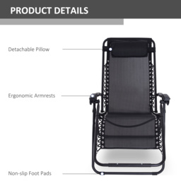Outsunny Zero Gravity Chair Set of 2, Metal Frame Texteline Armchair Outdoor Folding and Reclining Sun Lounger with Head Pillow for Patio Decking Gardens Camping, Black - thumbnail 5
