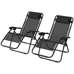 Outsunny Zero Gravity Chair Set of 2, Metal Frame Texteline Armchair Outdoor Folding and Reclining Sun Lounger with Head Pillow for Patio Decking Gardens Camping, Black - thumbnail 1
