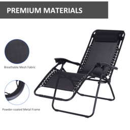 Outsunny Zero Gravity Chair Set of 2, Metal Frame Texteline Armchair Outdoor Folding and Reclining Sun Lounger with Head Pillow for Patio Decking Gardens Camping, Black - thumbnail 7