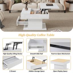 360° Rotating Coffee Table with Height-Adjustable Top and Hidden Storage, Modern Centre Table for Living Rooms, 70L x 70W x 45H cm, White - Aosom UK - thumbnail 4