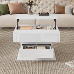 360° Rotating Coffee Table with Height-Adjustable Top and Hidden Storage, Modern Centre Table for Living Rooms, 70L x 70W x 45H cm, White - Aosom UK