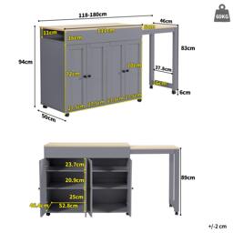 Space‑Saving Dining Table with 6 Adjustable Shelves & Storage Cabinet, Extendable Bar Table for 4–6 People, 118L-180 x 50W x 94H cm, Gray - Aosom UK - thumbnail 3