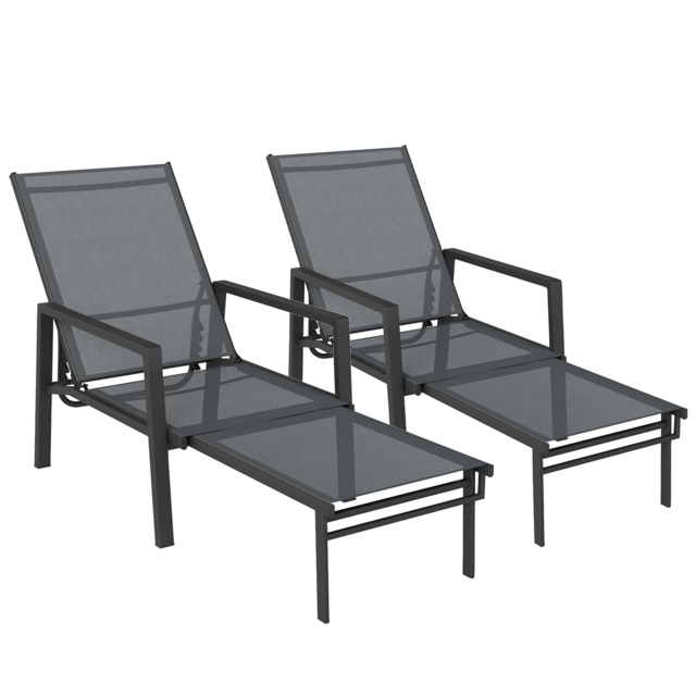 Outsunny Sun Loungers Set of 2 Retractable Footrest 5-Position Adjustable Steel Frame for Beach, Porch, Patio, Camping, Dark Grey - image 1
