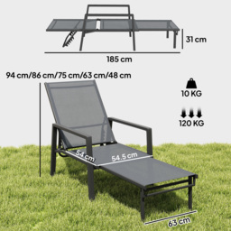 Outsunny Sun Loungers Set of 2 Retractable Footrest 5-Position Adjustable Steel Frame for Beach, Porch, Patio, Camping, Dark Grey - thumbnail 3