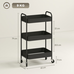 HOMCOM Three-Tier Steel Storage Trolley - Black - thumbnail 3