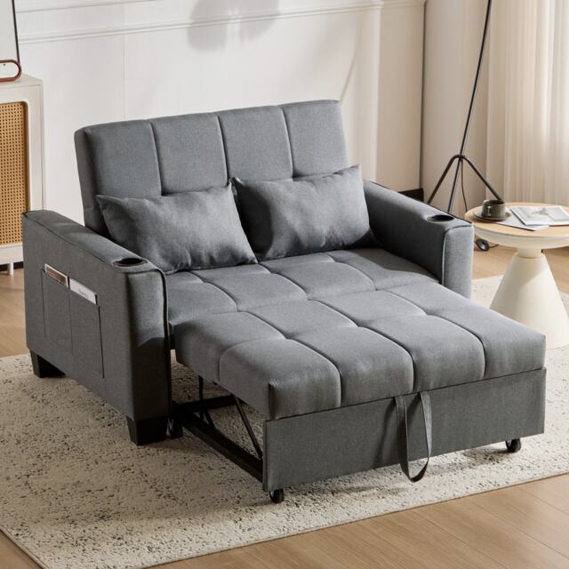 2 Seater Convertible Sofa Bed with Storage Side Pockets, Cup Holders, Fabric Sofa Chair with Adjustable Backrest, 140L x 96W x 97H cm, Gray - Aosom UK - image 1