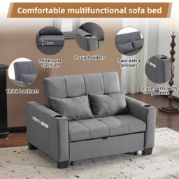 2 Seater Convertible Sofa Bed with Storage Side Pockets, Cup Holders, Fabric Sofa Chair with Adjustable Backrest, 140L x 96W x 97H cm, Gray - Aosom UK - thumbnail 4