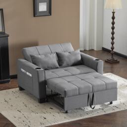 2 Seater Convertible Sofa Bed with Storage Side Pockets, Cup Holders, Fabric Sofa Chair with Adjustable Backrest, 140L x 96W x 97H cm, Gray - Aosom UK - thumbnail 8
