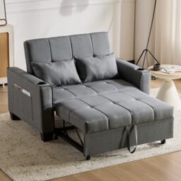 2 Seater Convertible Sofa Bed with Storage Side Pockets, Cup Holders, Fabric Sofa Chair with Adjustable Backrest, 140L x 96W x 97H cm, Gray - Aosom UK