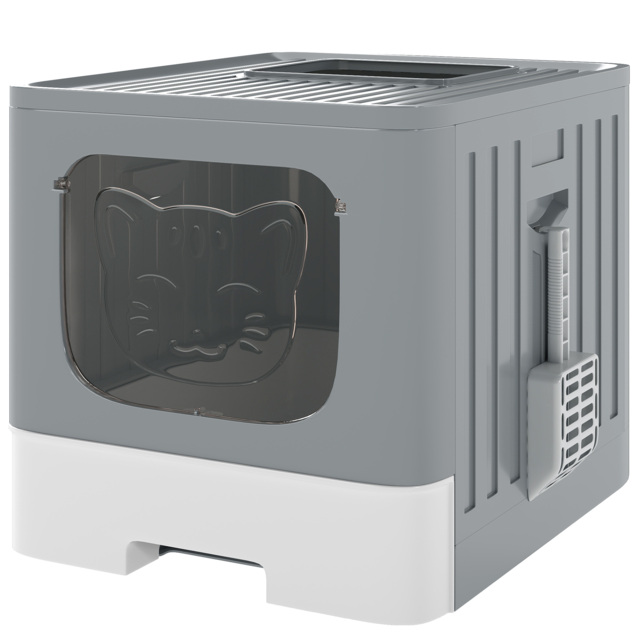 PawHut Foldable Cat Litter Box with Lid, Slide-Out Drawer, Scoop, Easy Clean, Odour Control, Anti-Splashing, Grey - image 1