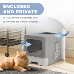 PawHut Foldable Cat Litter Box with Lid, Slide-Out Drawer, Scoop, Easy Clean, Odour Control, Anti-Splashing, Grey - thumbnail 5