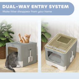PawHut Foldable Cat Litter Box with Lid, Slide-Out Drawer, Scoop, Easy Clean, Odour Control, Anti-Splashing, Grey - thumbnail 7