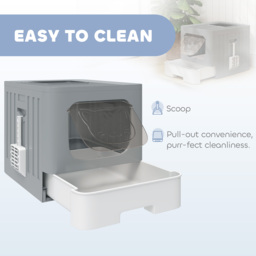 PawHut Foldable Cat Litter Box with Lid, Slide-Out Drawer, Scoop, Easy Clean, Odour Control, Anti-Splashing, Grey - thumbnail 4