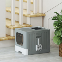 PawHut Foldable Cat Litter Box with Lid, Slide-Out Drawer, Scoop, Easy Clean, Odour Control, Anti-Splashing, Grey - thumbnail 8