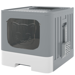PawHut Foldable Cat Litter Box with Lid, Slide-Out Drawer, Scoop, Easy Clean, Odour Control, Anti-Splashing, Grey - thumbnail 1