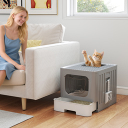 PawHut Foldable Cat Litter Box with Lid, Slide-Out Drawer, Scoop, Easy Clean, Odour Control, Anti-Splashing, Grey - thumbnail 2