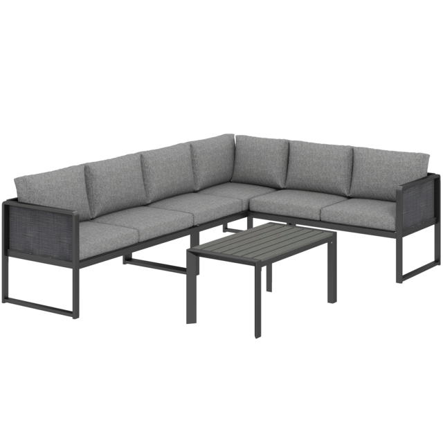 Outsunny 6 Seater Metal Garden Furniture Corner Sofa Set with 3 Loveseats, Faux Wood Table, Texteline Seat, Cushions, Dark Grey - image 1