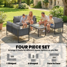 Outsunny 6 Seater Metal Garden Furniture Corner Sofa Set with 3 Loveseats, Faux Wood Table, Texteline Seat, Cushions, Dark Grey - thumbnail 4