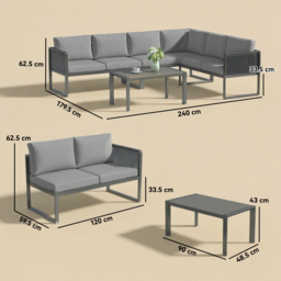 Outsunny 6 Seater Metal Garden Furniture Corner Sofa Set with 3 Loveseats, Faux Wood Table, Texteline Seat, Cushions, Dark Grey - thumbnail 3