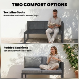 Outsunny 6 Seater Metal Garden Furniture Corner Sofa Set with 3 Loveseats, Faux Wood Table, Texteline Seat, Cushions, Dark Grey - thumbnail 6