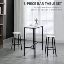 HOMCOM 3 Piece Bar Table and Stool Set for 2 with Stools Steel Frame Footrest for Kitchen Living Room Small Space White - Aosom UK - thumbnail 4