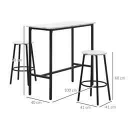 HOMCOM 3 Piece Bar Table and Stool Set for 2 with Stools Steel Frame Footrest for Kitchen Living Room Small Space White - Aosom UK - thumbnail 3
