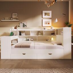 Multi-Functional Single Daybed with Bookcase & Computer Desk, Space-Saving Bed Frame with Ergonomic Desk, 63L x 114W x 100H cm, White - Aosom UK - thumbnail 8