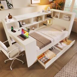 Multi-Functional Single Daybed with Bookcase & Computer Desk, Space-Saving Bed Frame with Ergonomic Desk, 63L x 114W x 100H cm, White - Aosom UK - thumbnail 1