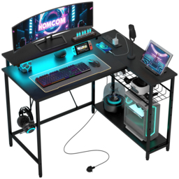 HOMCOM Reversible L Shape Gaming Desk with LED Light, Power Outlets, Multi-Storage, Black - Aosom UK