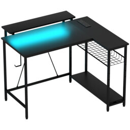 HOMCOM Reversible L Shape Gaming Desk with LED Light, Power Outlets, Multi-Storage, Black - Aosom UK