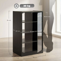 HOMCOM 4-Tier Hi-Fi Stand,  Record Player Stand with Adjustable Shelves and Push-to-Open Glass Doors, Black Wood-Effect - thumbnail 3