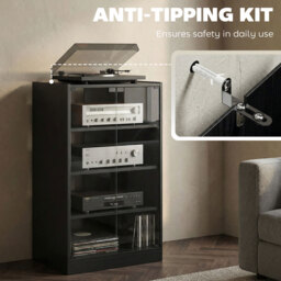 HOMCOM 4-Tier Hi-Fi Stand,  Record Player Stand with Adjustable Shelves and Push-to-Open Glass Doors, Black Wood-Effect - thumbnail 8