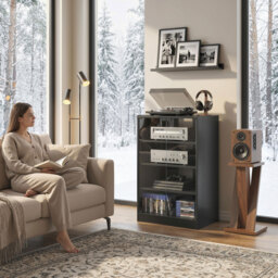 HOMCOM 4-Tier Hi-Fi Stand,  Record Player Stand with Adjustable Shelves and Push-to-Open Glass Doors, Black Wood-Effect - thumbnail 2