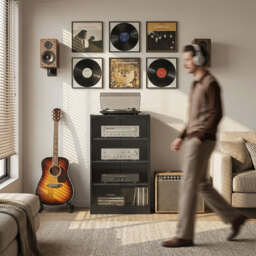 HOMCOM 4-Tier Hi-Fi Stand,  Record Player Stand with Adjustable Shelves and Push-to-Open Glass Doors, Black Wood-Effect - thumbnail 9