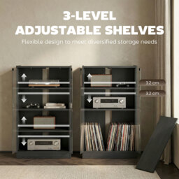 HOMCOM 4-Tier Hi-Fi Stand,  Record Player Stand with Adjustable Shelves and Push-to-Open Glass Doors, Black Wood-Effect - thumbnail 6