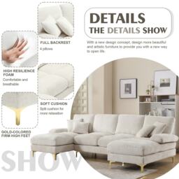 U-Shaped Modular Sofa with Cushions, Rubber Pads, Golden Legs, Chenille Fabric Sectional Couch for Relaxing, 272L x 136W x 88H cm, Beige - Aosom UK - thumbnail 5