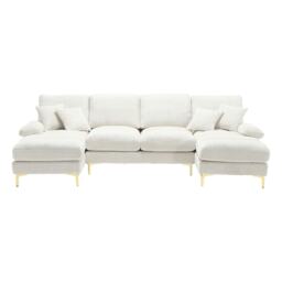 U-Shaped Modular Sofa with Cushions, Rubber Pads, Golden Legs, Chenille Fabric Sectional Couch for Relaxing, 272L x 136W x 88H cm, Beige - Aosom UK - thumbnail 2