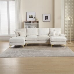 U-Shaped Modular Sofa with Cushions, Rubber Pads, Golden Legs, Chenille Fabric Sectional Couch for Relaxing, 272L x 136W x 88H cm, Beige - Aosom UK - thumbnail 8