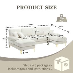U-Shaped Modular Sofa with Cushions, Rubber Pads, Golden Legs, Chenille Fabric Sectional Couch for Relaxing, 272L x 136W x 88H cm, Beige - Aosom UK - thumbnail 3