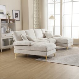 U-Shaped Modular Sofa with Cushions, Rubber Pads, Golden Legs, Chenille Fabric Sectional Couch for Relaxing, 272L x 136W x 88H cm, Beige - Aosom UK - thumbnail 9