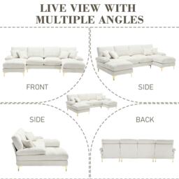 U-Shaped Modular Sofa with Cushions, Rubber Pads, Golden Legs, Chenille Fabric Sectional Couch for Relaxing, 272L x 136W x 88H cm, Beige - Aosom UK - thumbnail 7