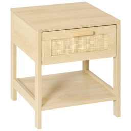 HOMCOM Bedside Table with Rattan Accent Drawer and Lower Shelf, Compact Nightstand for Bedroom or Living Room Storage - Aosom UK - thumbnail 1