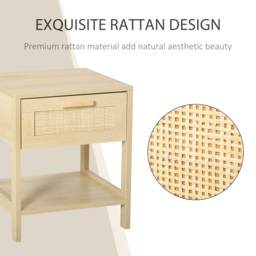 HOMCOM Bedside Table with Rattan Accent Drawer and Lower Shelf, Compact Nightstand for Bedroom or Living Room Storage - Aosom UK - thumbnail 4